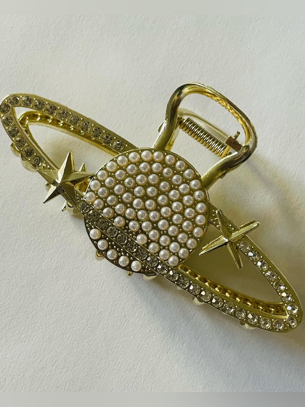 Gold faux Pearl and crystal Planet Hair claw Clip